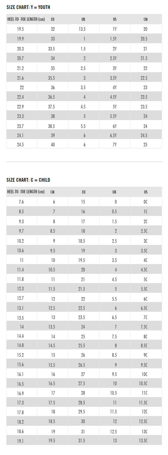 Nike Size Chart Hk